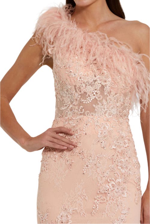 Mac Duggal One Shoulder Feather Embellished Mermaid Gown In Peach