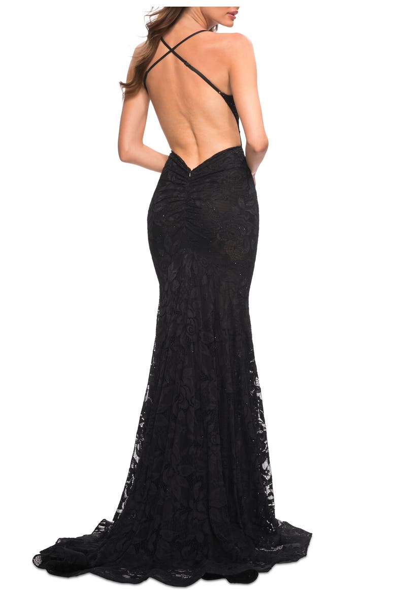 La Femme Stunning Mermaid Stretch Lace Gown with Low Back, Alternate, color, Black