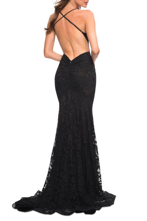 La Femme Stunning Mermaid Stretch Lace Gown With Low Back In Black