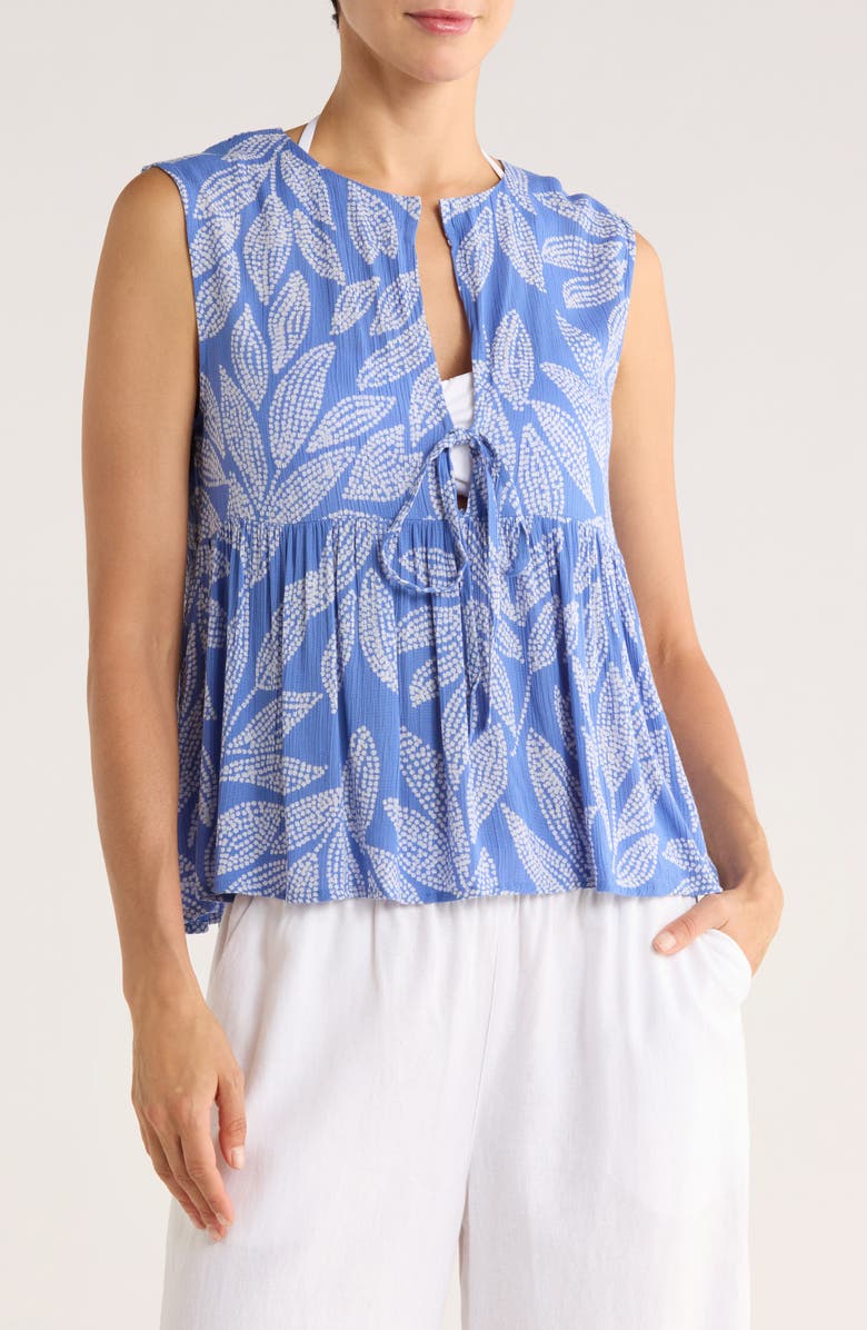 Elan Stripe Tie Front Cover-Up Tank, Main, color, Blue Cartagena