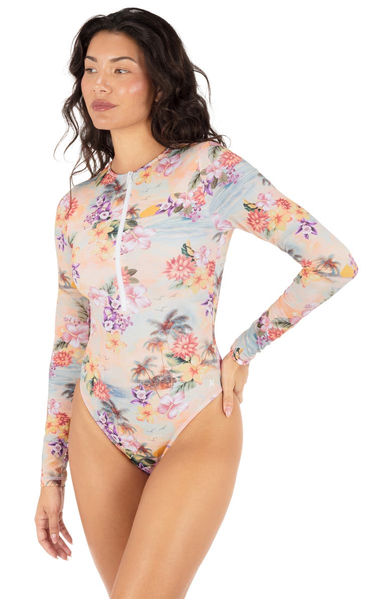 Hurley Scenic Sunset Long Sleeve Zip One-Piece Swimsuit, Alternate, color, Shell Pink Multi