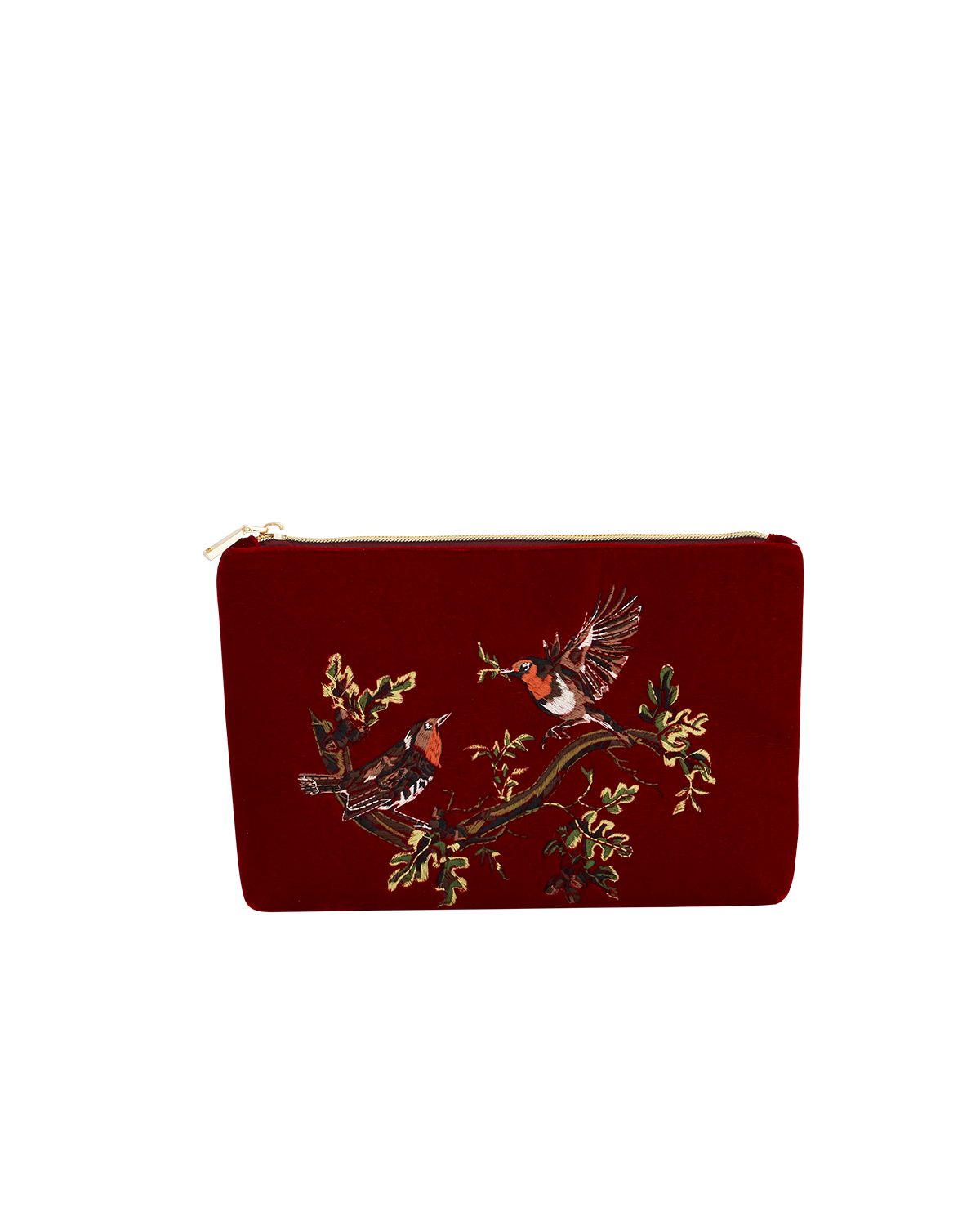 Fable England Robin Love Embroidered Red Medium Pouch, Main, color, Ruby Red