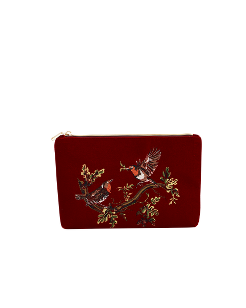 Robin Love Embroidered Red Medium Pouch