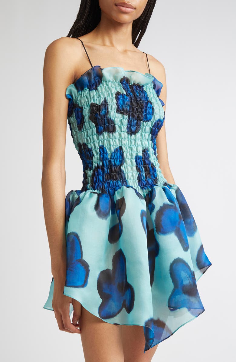 CONNER IVES Shirred Silk Organza Drop Waist Minidress, Alternate, color, Teal