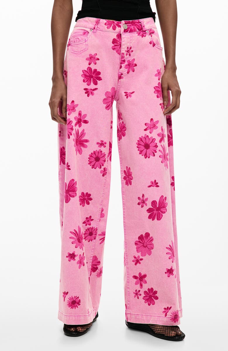Desigual Floral Print Wide Leg Jeans, Main, color, Light Pink