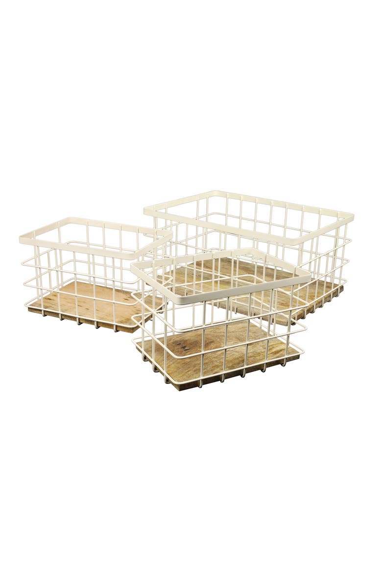 Evvie Vintage Farmhouse Handmade Wire Metal Nesting Storage Baskets with Wood Base, Main, color, Almond/Natural
