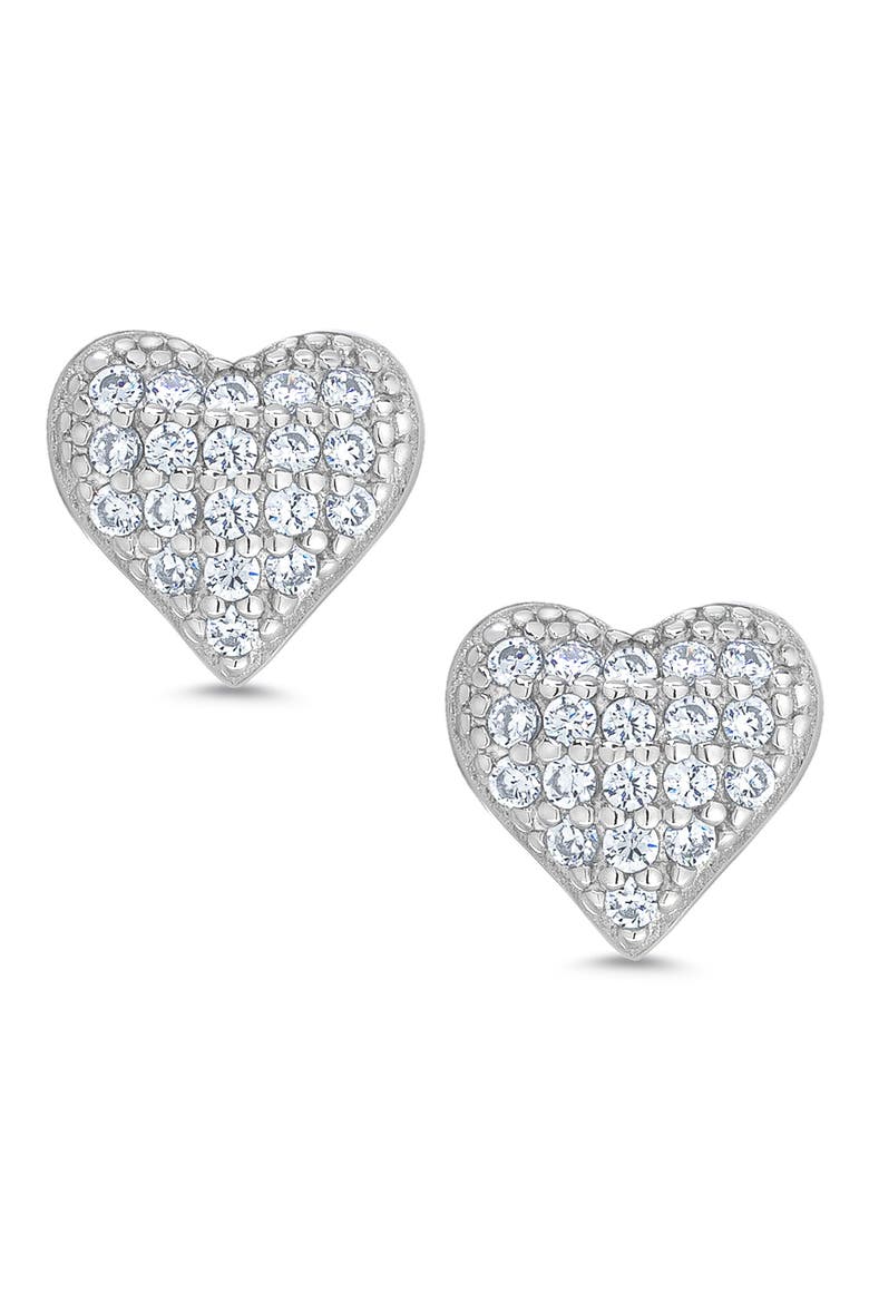 Kids' Pavé Cubic Zirconia Heart Stud Earrings, Main, color, SILVER