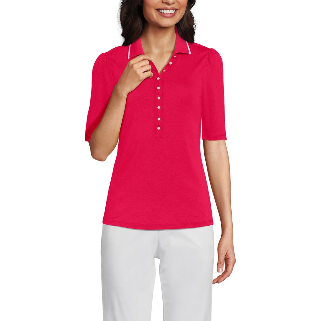 Lands' End Elbow Sleeve Lightweight Jersey Embellished Polo In Berry Rouge/ivory