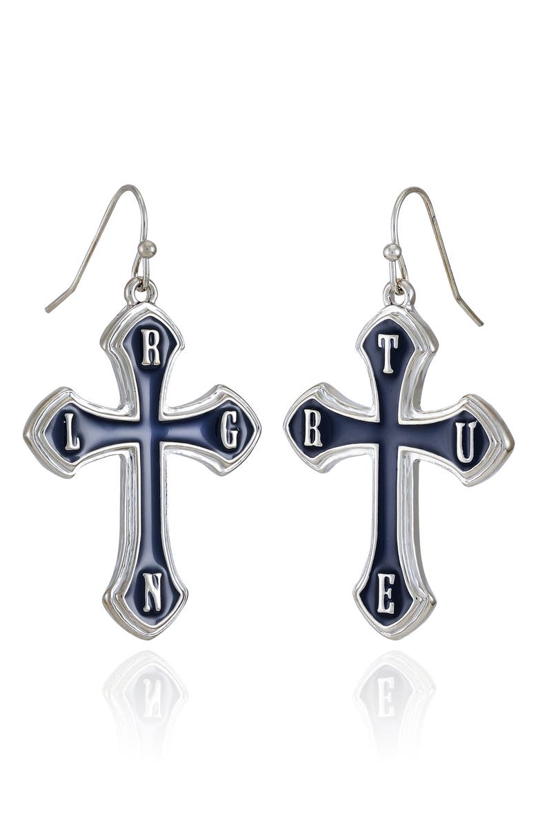 True Religion Logo Cross Drop Earrings, Main, color, Silver Tone