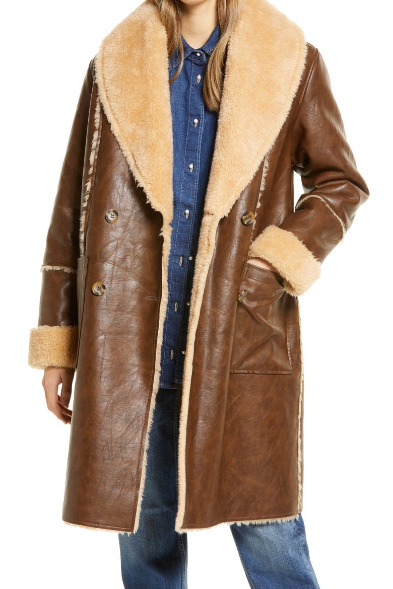 Faux Shearling Coat, Main, color, SADDLE