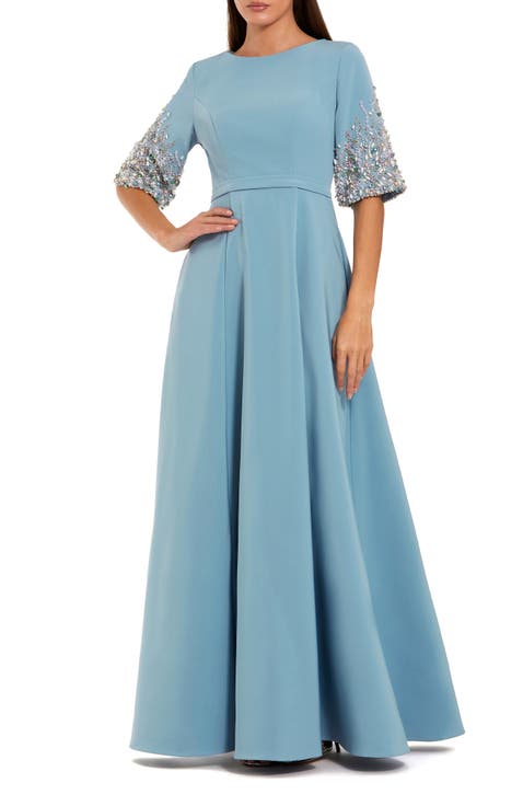 Women's 3/4 Sleeve Crepe Gown With Sleeve Embellishments