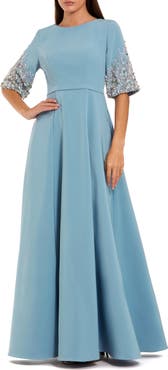 Mac Duggal Women's 3/4 Sleeve Crepe Gown With Sleeve Embellishments