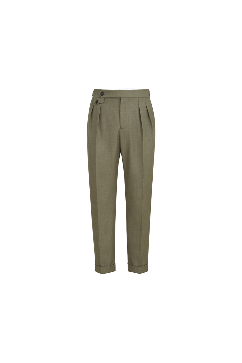 Virgin wool diagonal trousers with reversed double pleats and waist tabs, Alternate, color, Military