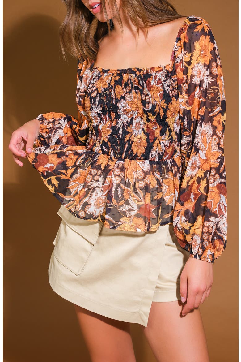 Floral Long Sleeve Peplum Top, Alternate, color, BLACK