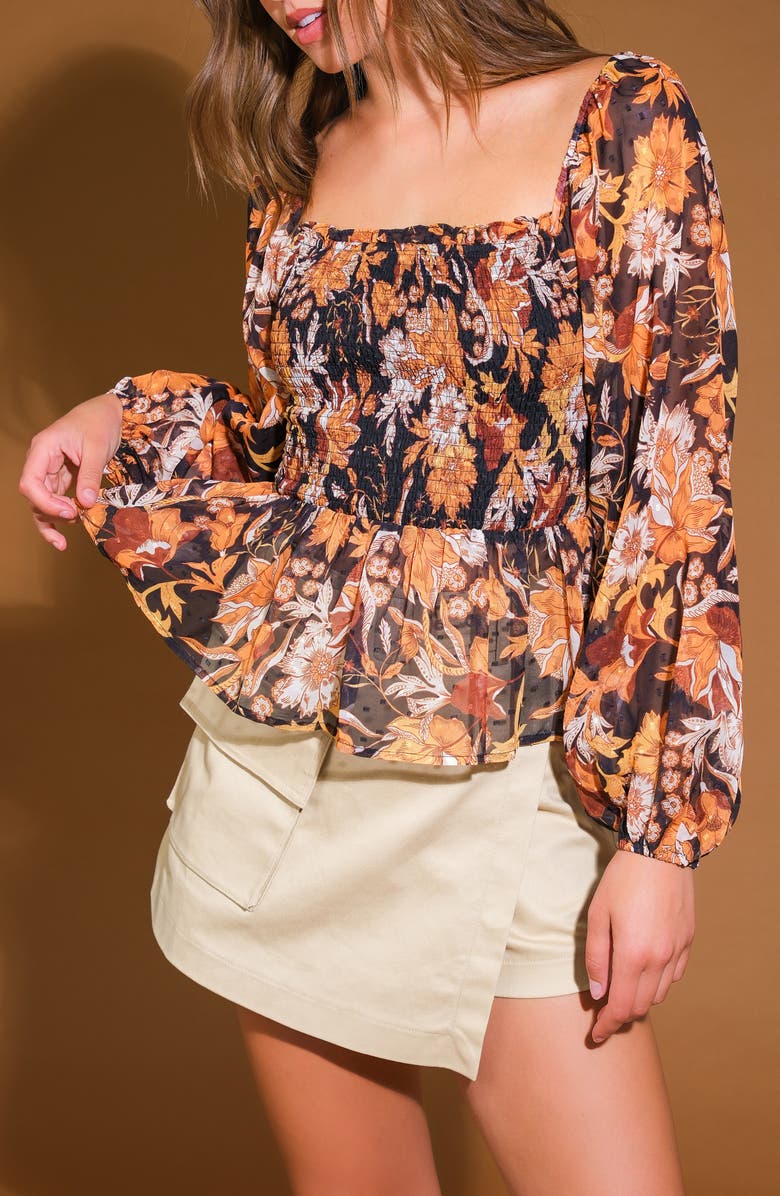 FLYING TOMATO Floral Long Sleeve Peplum Top, Alternate, color, Black