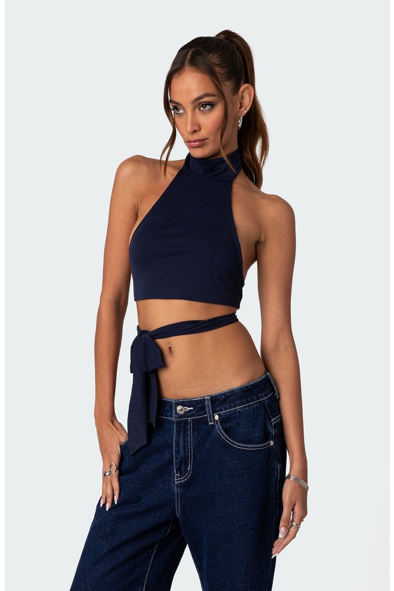Hamlin Wrap Tie Halter Top, Alternate, color, NAVY