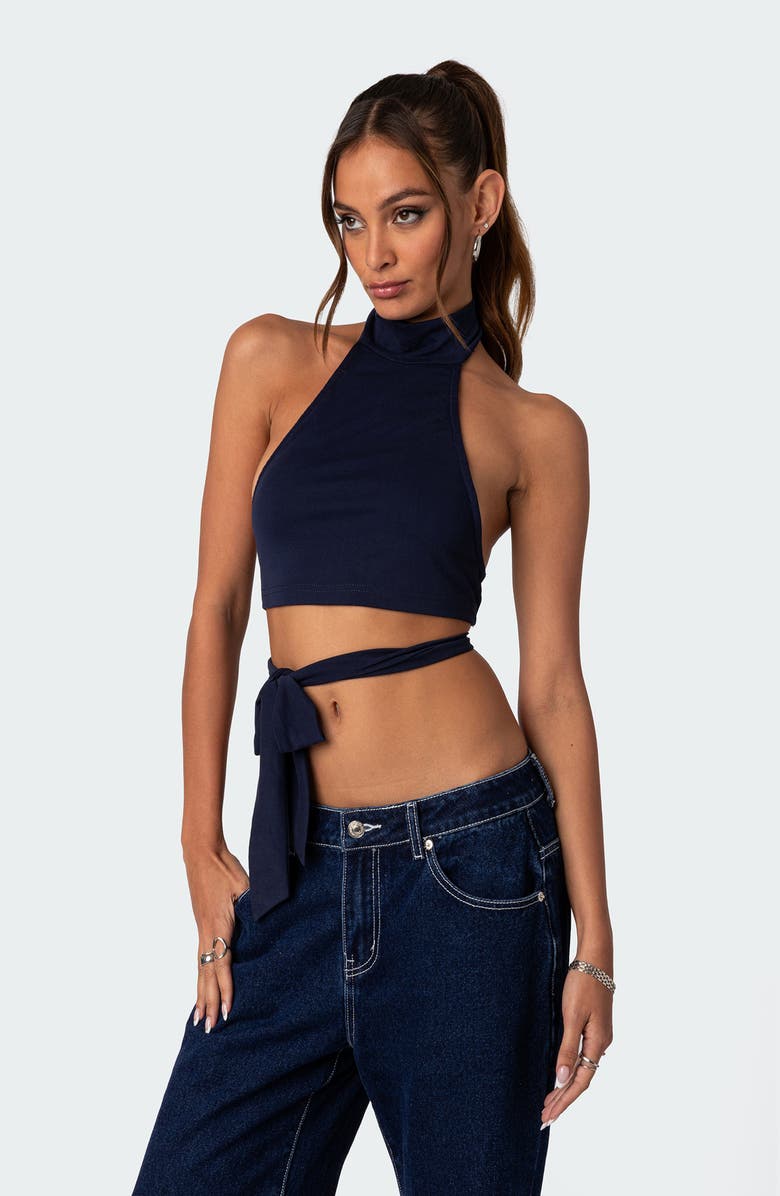 EDIKTED Hamlin Wrap Tie Halter Top, Alternate, color, Navy