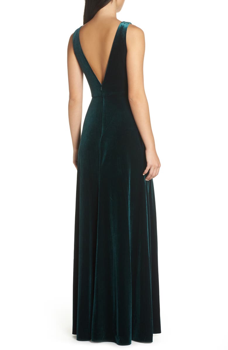 Jenny Yoo Logan Plunge Neck Velvet A-Line Gown, Alternate, color, 