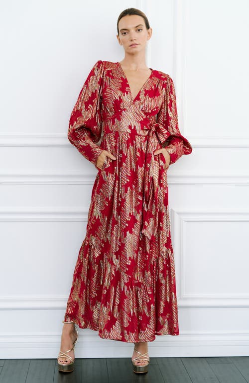 Shop Ciebon Isa Metallic Long Sleeve Wrap Dress In Red