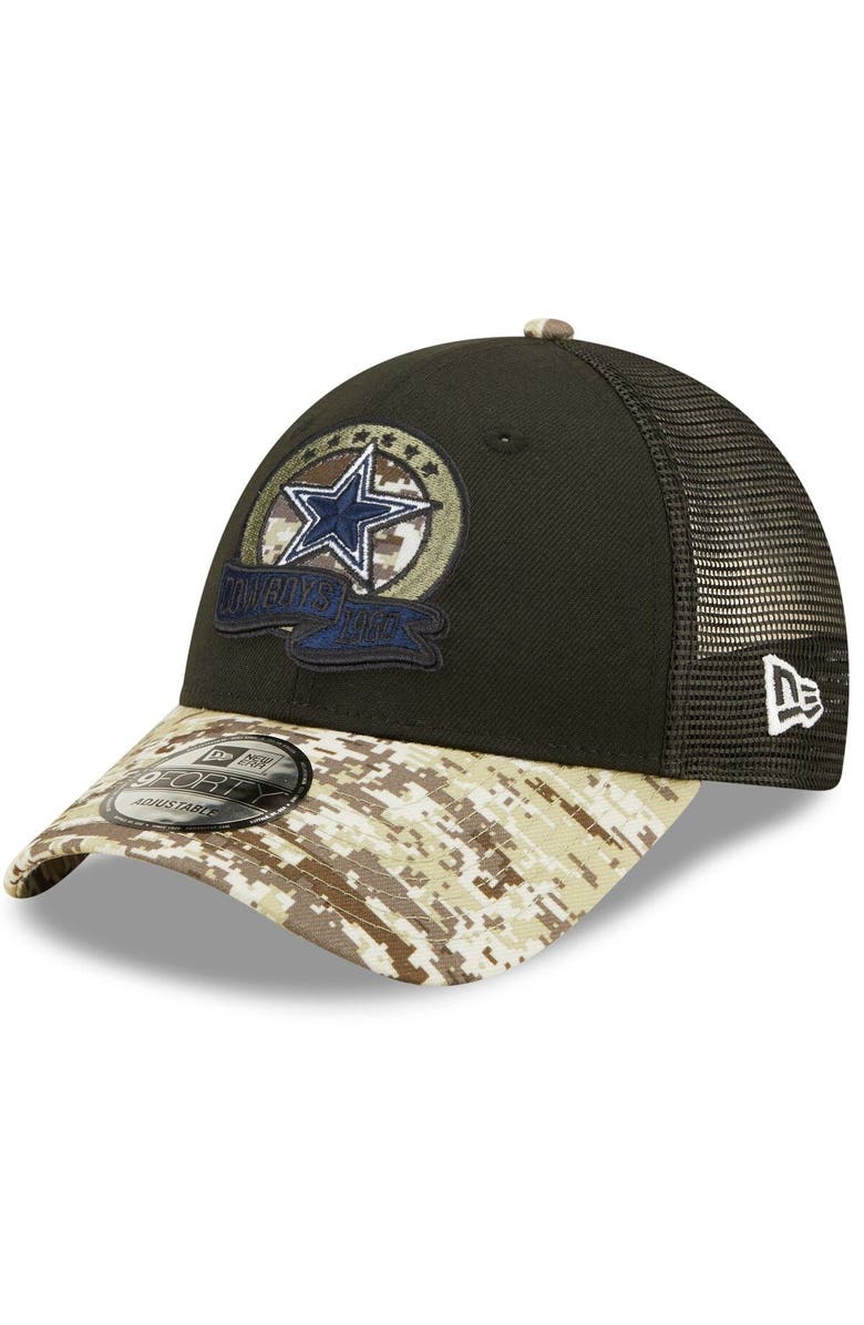 New Era Men's New Era Black/Camo Dallas Cowboys 2022 Salute To Service 9FORTY Snapback Trucker Hat, Alternate, color,