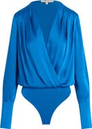 Favorite Daughter Surplice Long Sleeve Satin Bodysuit