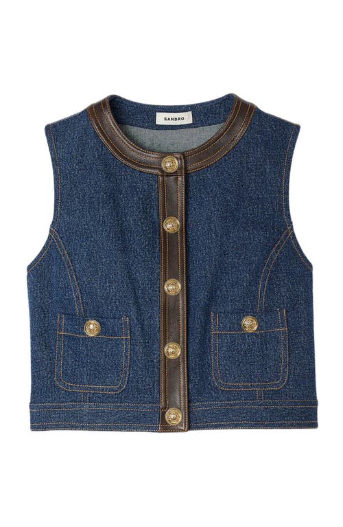 Sandro Womens Dark Blue Leather-trim Button-down Denim Top In Blue