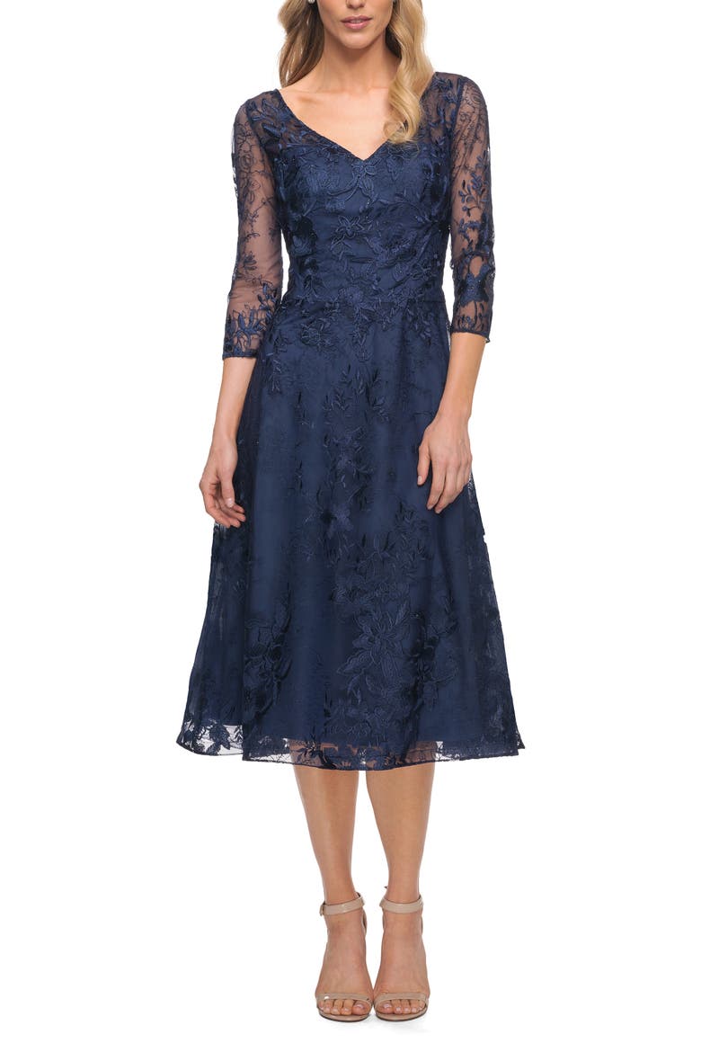 Stylish Tea Length Mother of the Bride Dress with Sleeves, Main, color, Navy