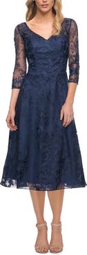 La Femme Stylish Tea Length Mother of the Bride Dress with Sleeves