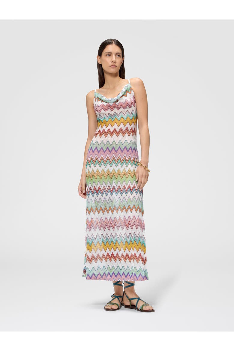 Long Cover-up In Lamé Viscose With Macro Zigzag Pattern And Slits, Alternate, color, White & Multicoloured