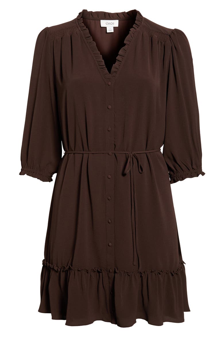 Ruffle Trim Button-Up Dress, Alternate, color, COFFEE BEAN