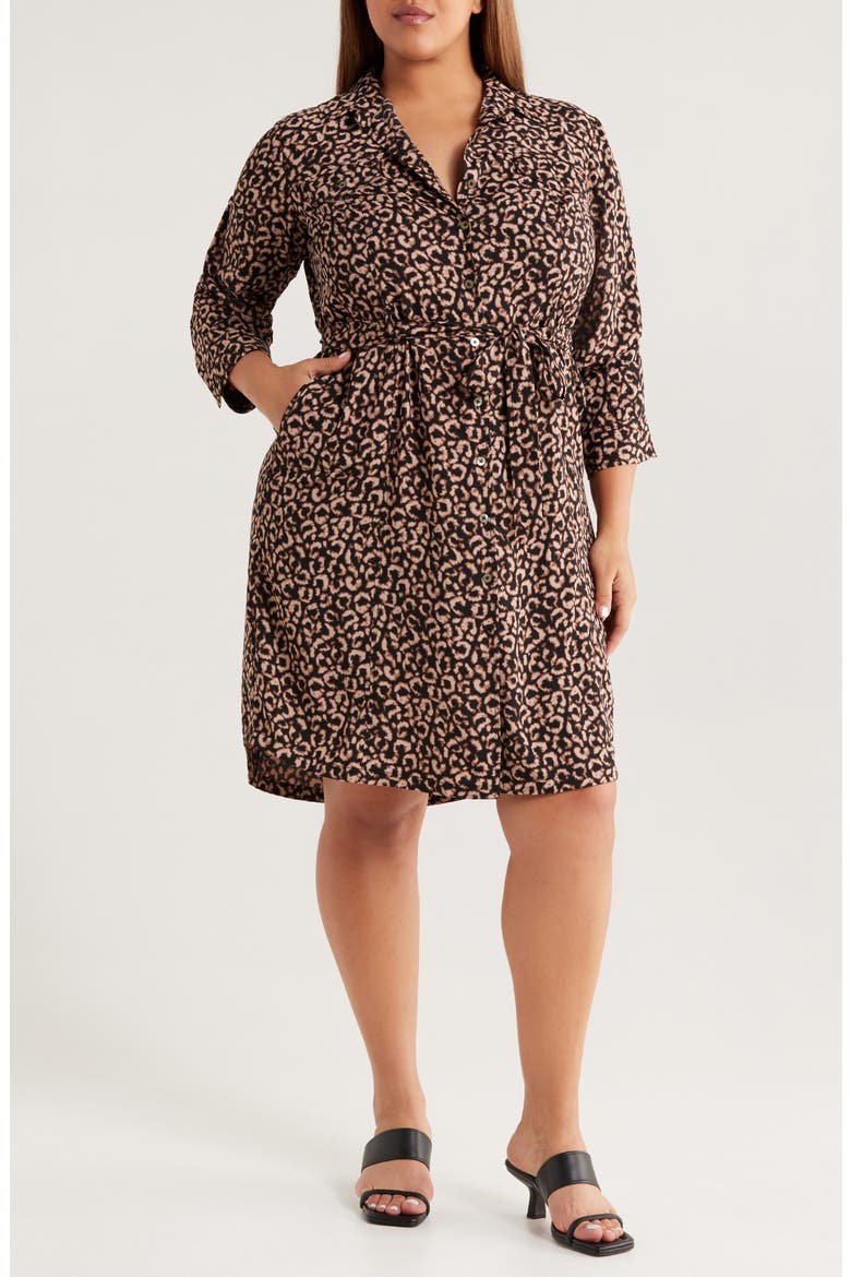 Abstract Animal Print Ruched Sleeve Trench Shirtdress, Main, color, BROWN MULTI