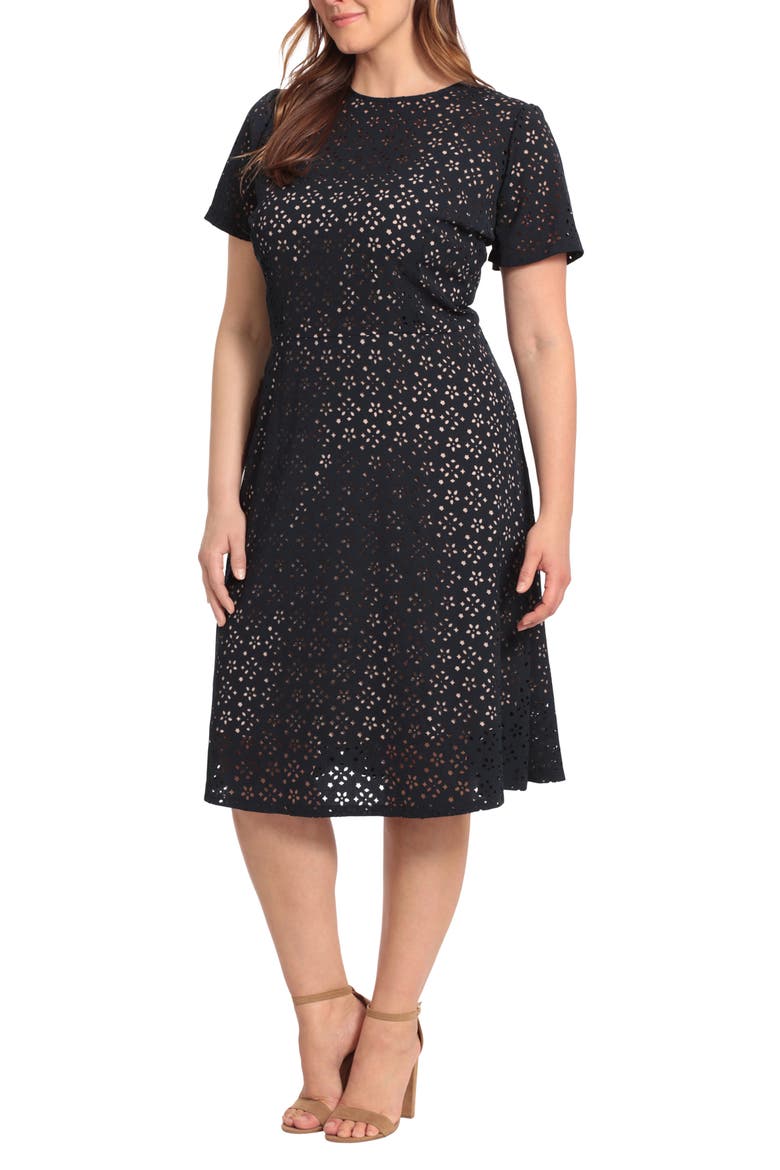Laser Cut A-Line Dress, Alternate, color, NAVY