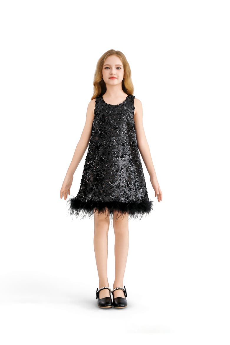 Sequin Feather-Hem Dress, Alternate, color, Black