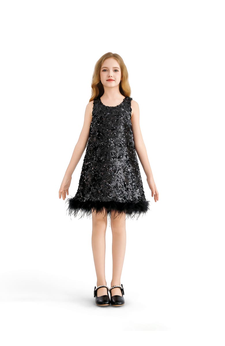 Tulleen Sequin Feather-Hem Dress, Main, color, Black