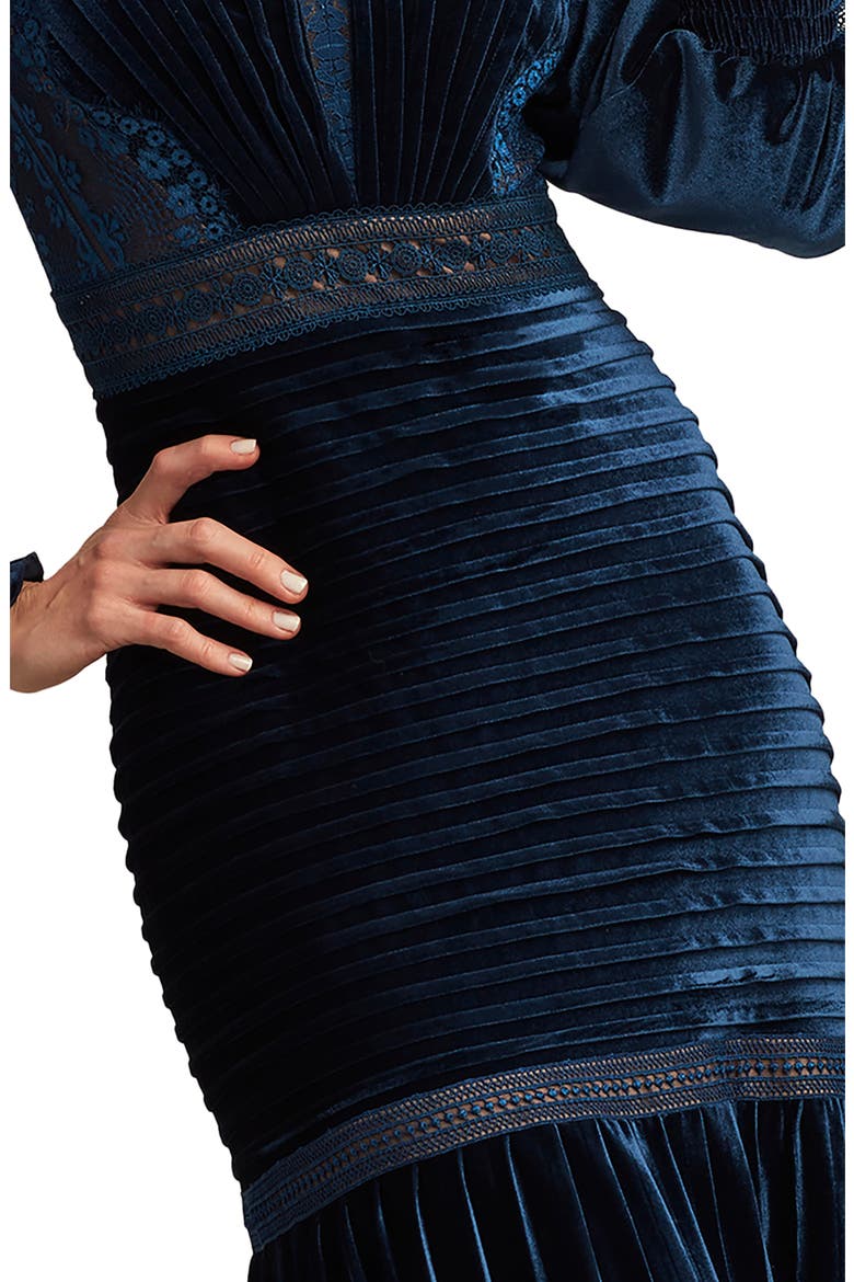 Avalon Pleated Velvet Cocktail Midi Dress, Alternate, color, NAVY