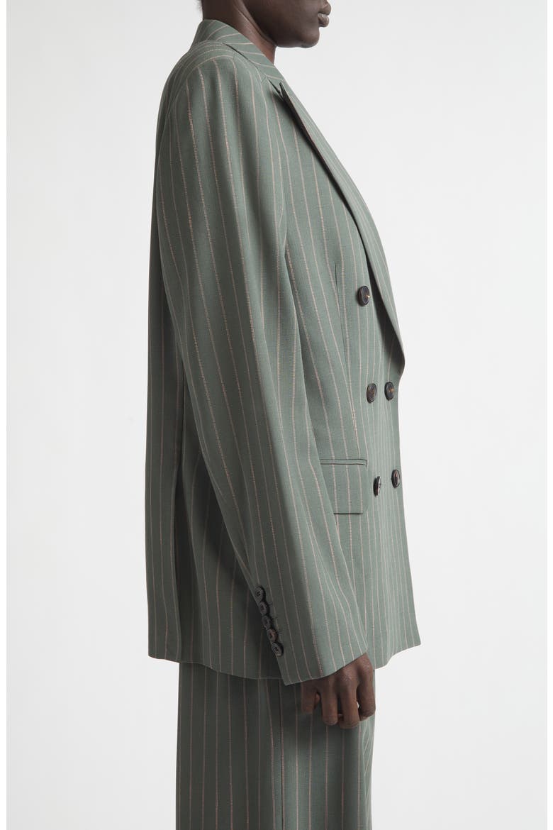 Pinstripe Double Breasted Virgin Wool & Cotton Crepe Blazer, Alternate, color, FOREST