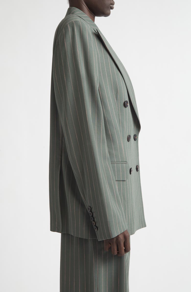 Dries Van Noten Pinstripe Double Breasted Virgin Wool & Cotton Crepe Blazer, Alternate, color, Forest