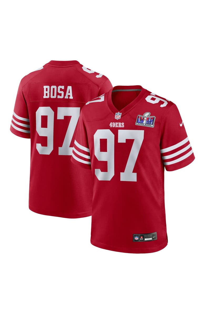 Nike Men's Nike Nick Bosa Scarlet San Francisco 49ers Super Bowl LVIII Game Jersey, Main, color, 