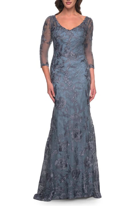 Long Fitted Lace Dress with V Neckline and Sheer Sleeves