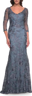 La Femme Long Fitted Lace Dress with V Neckline and Sheer Sleeves