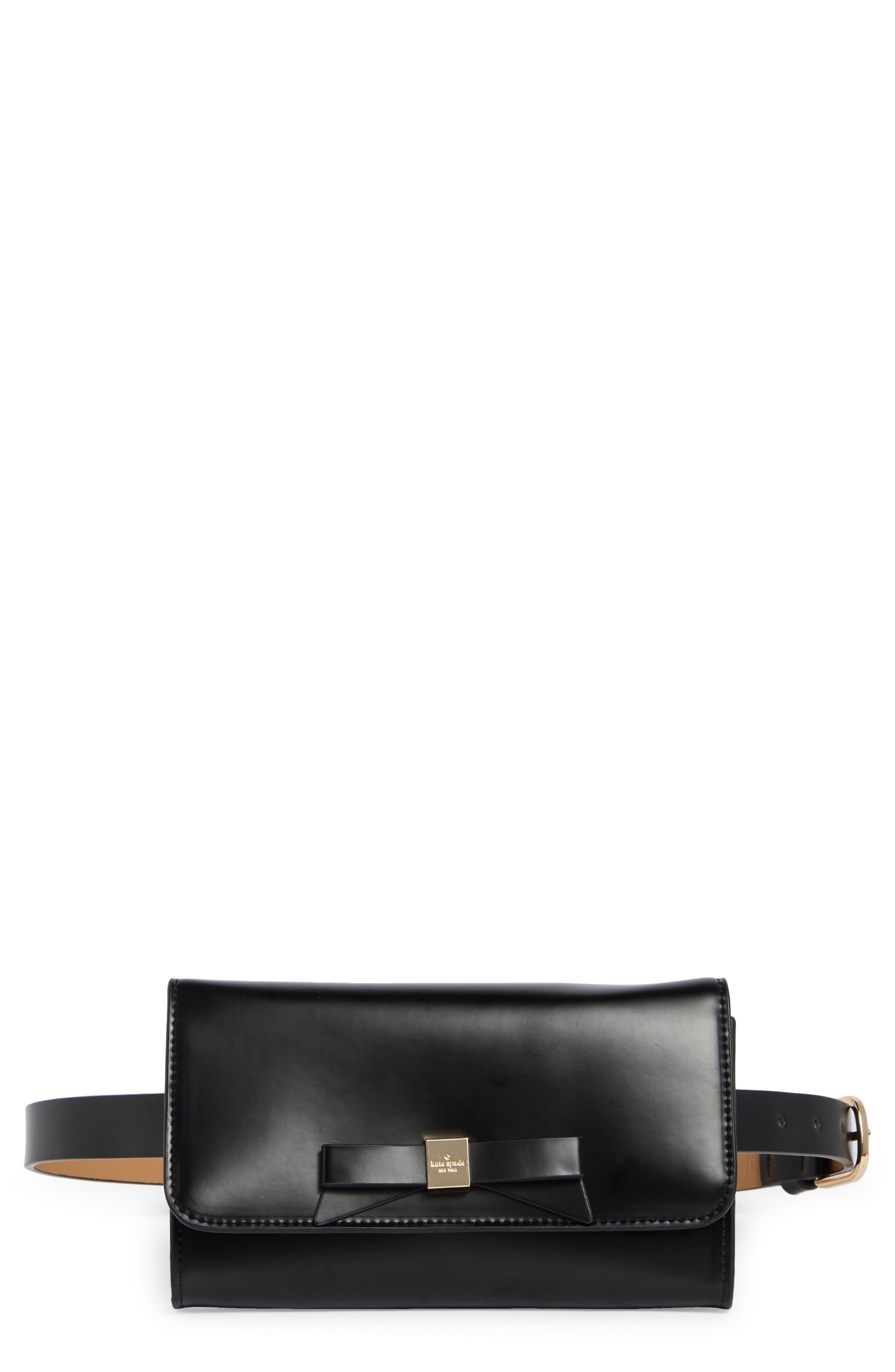 Kate Spade New York bow leather belt bag, Main, color, Black / Polished Gold