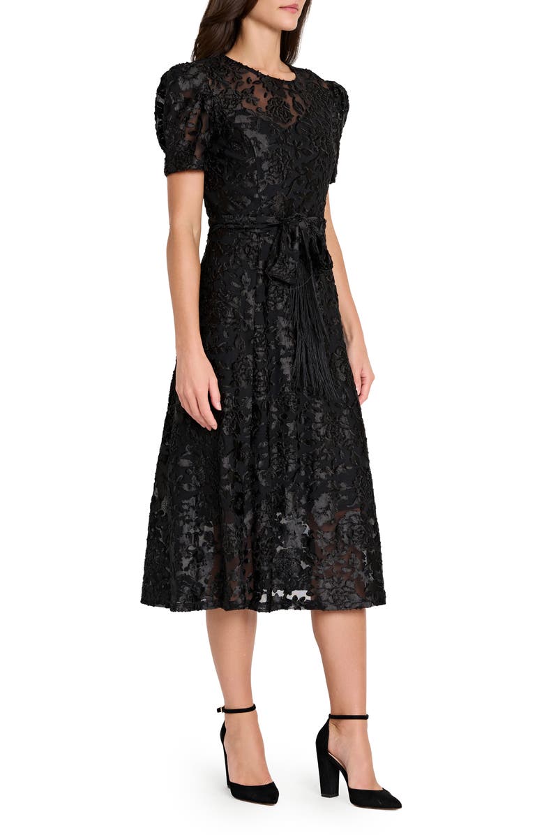 Tahari ASL Floral Burnout Puff Sleeve Midi Dress, Alternate, color, Black
