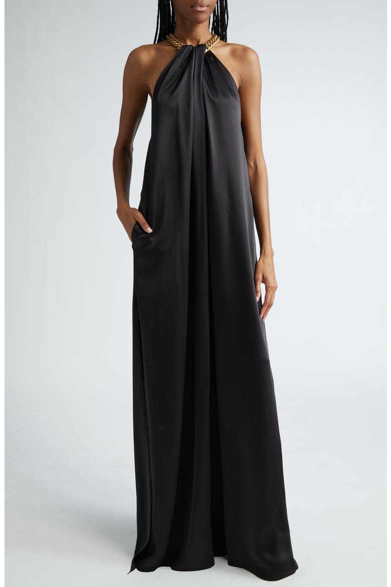 Chain Crossover Halter Satin Gown, Main, color, BLACK