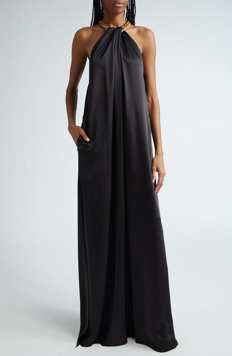 Stella McCartney Chain Crossover Halter Satin Gown, Main, color,