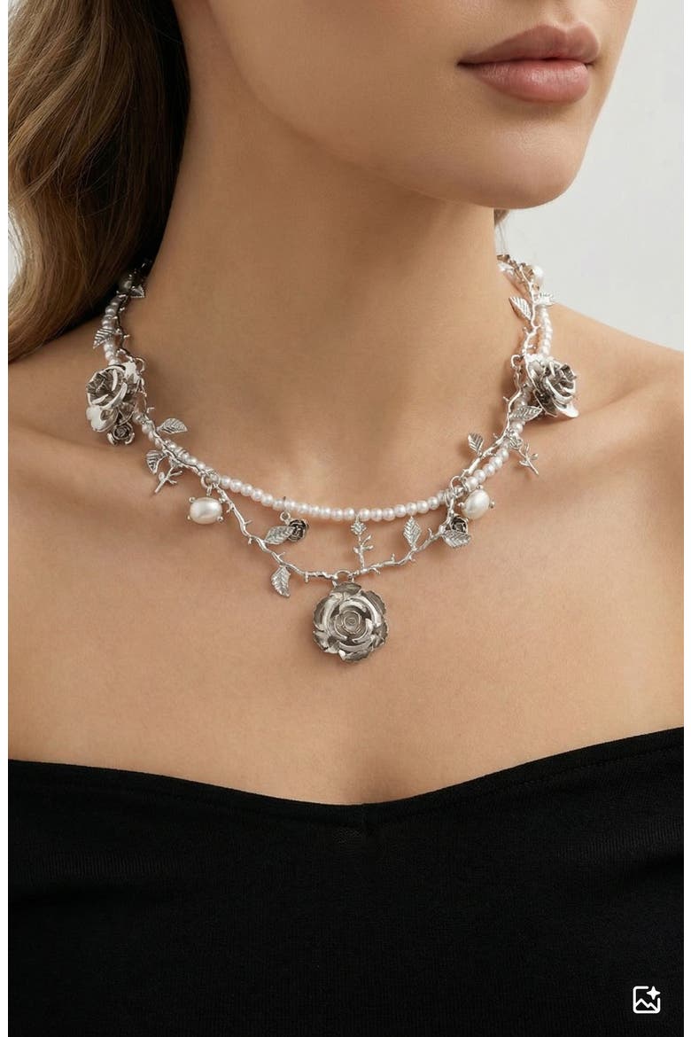 Set of 2 Faux Pearl & Rose Vine Necklaces (Nordstrom Exclusive), Alternate, color, WHITE/ SILVER