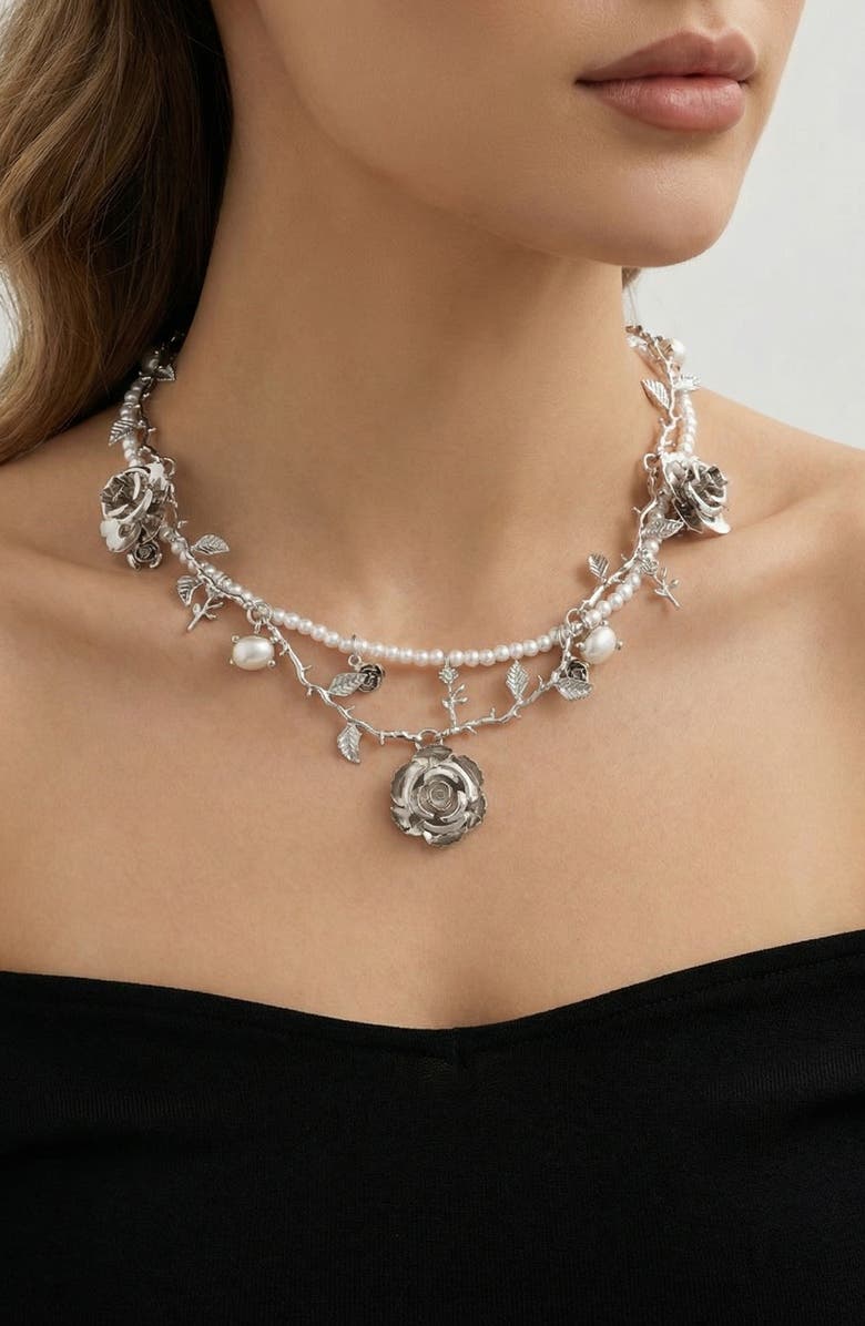 JARDIN Set of 2 Faux Pearl & Rose Vine Necklaces, Alternate, color, White/ Silver