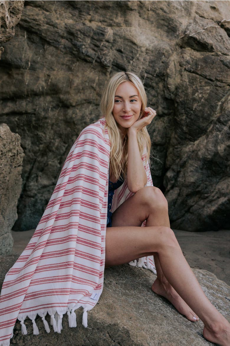 Bask Striped Organic Turkish Towel with Soft Terry Cloth Back, Alternate, color, Red