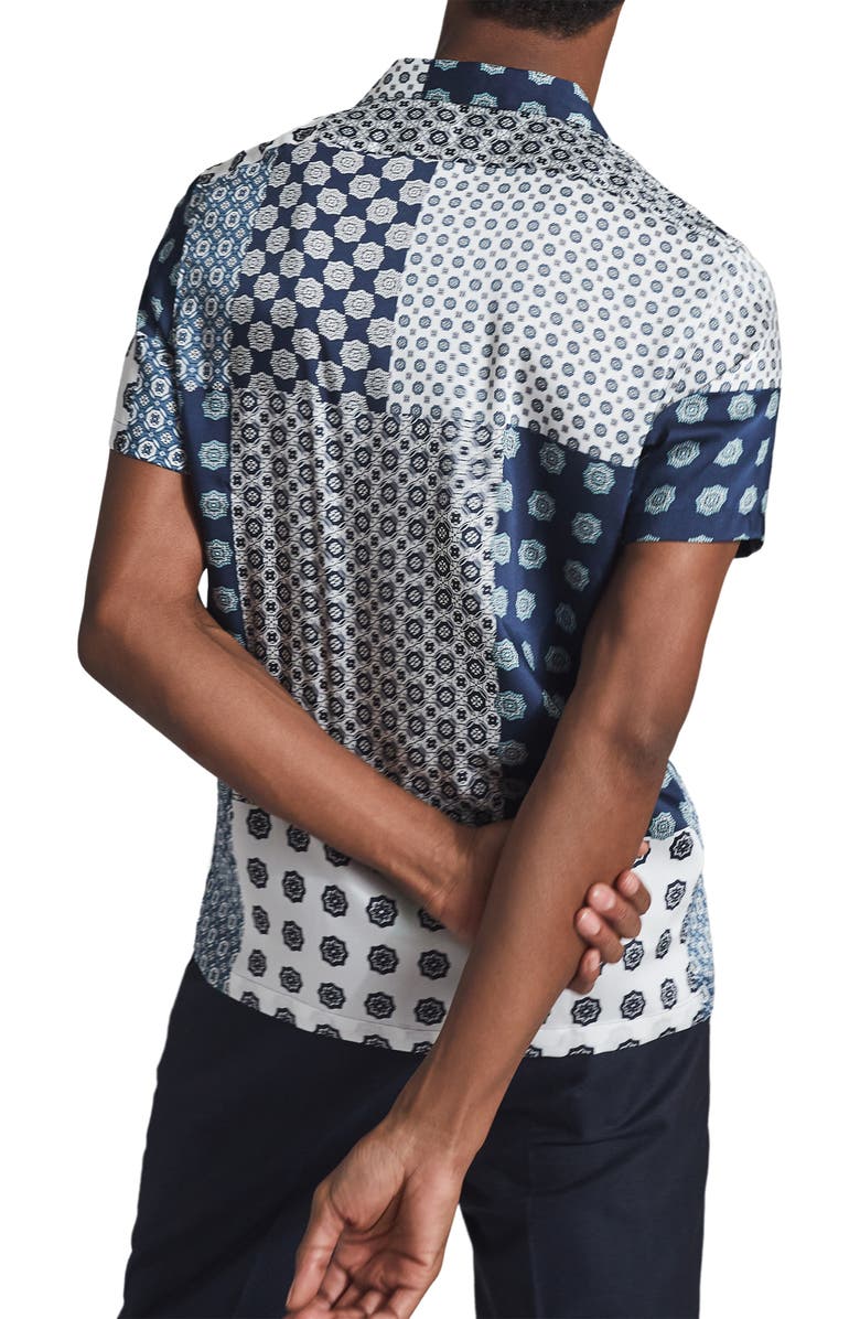 Reiss Jamie Patchowork Mix Print Short Sleeve Button-Up Shirt, Alternate, color, Blue