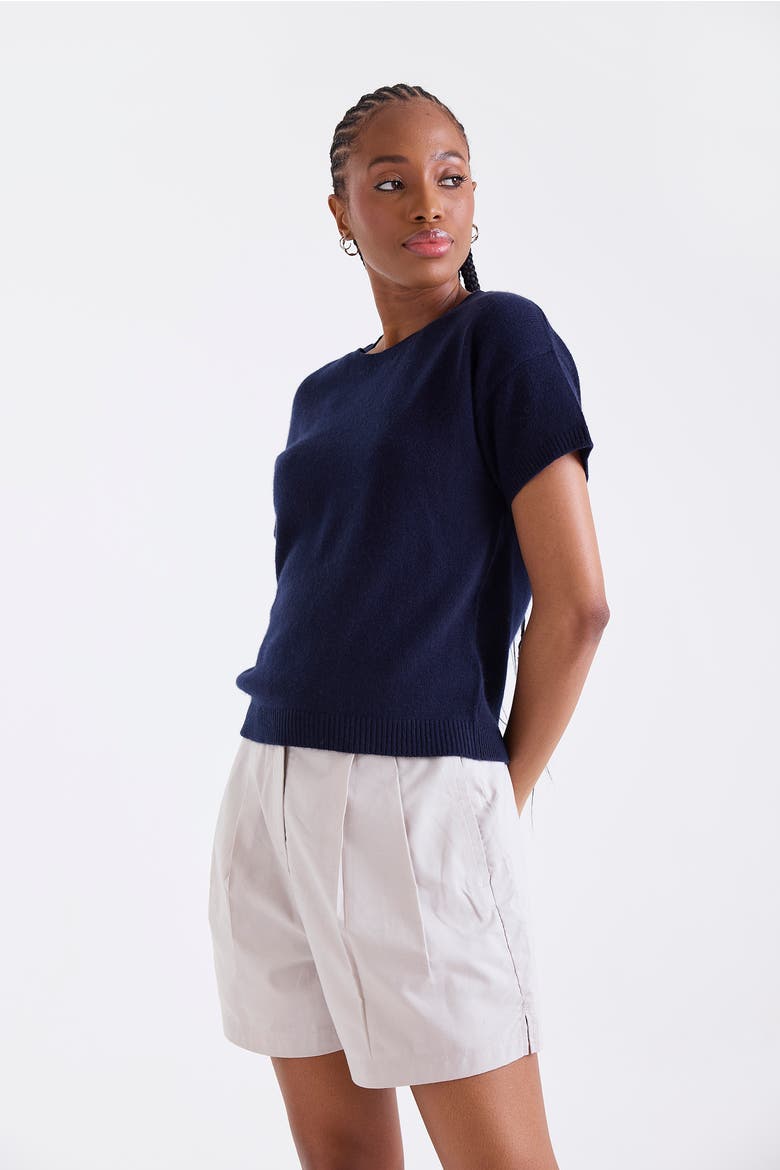 Esme Short Sleeve 100% Cashmere Top, Alternate, color, NAVY