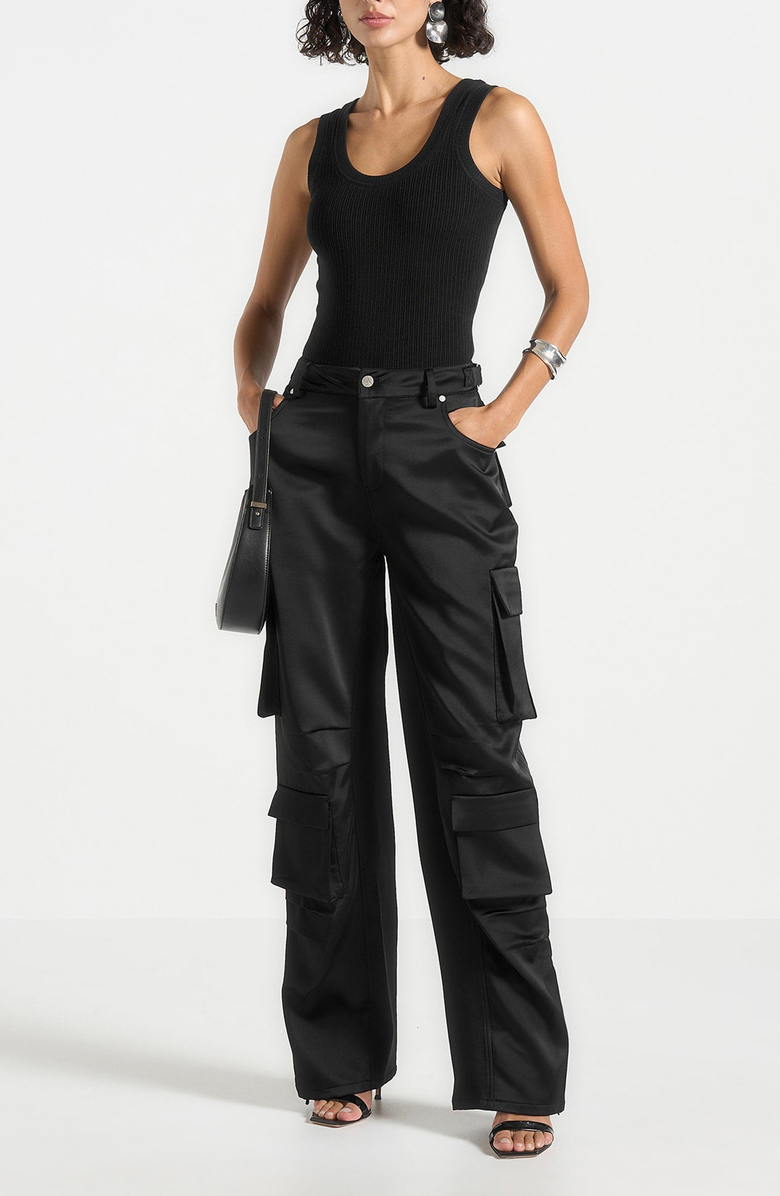 Manière De Voir Emilie Satin High Waisted Cargo Pants, Alternate, color, Black